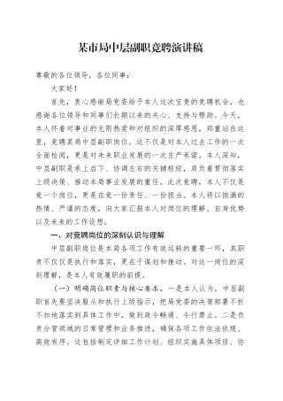某市局中层副职竞聘演讲稿