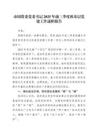 市国资委党委书记2025年前三季度抓基层党建工作述职报告