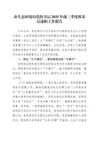 市生态环境局党组书记2025年前三季度抓基层述职工作报告