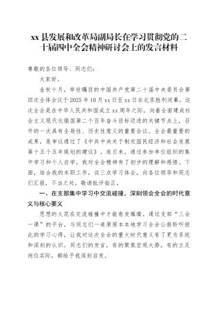 县发展和改革局副局长在学习贯彻党的二十届四中全会精神研讨会上的发言材料