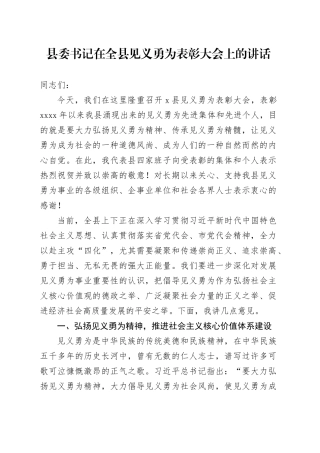 县委书记在全县见义勇为表彰大会上的讲话