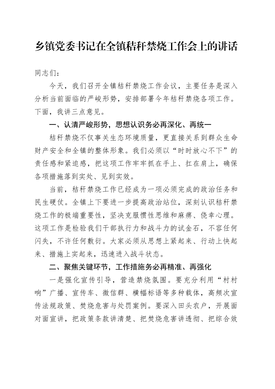 乡镇街道党委书记在全镇秸秆禁烧工作会上的讲话_第1页