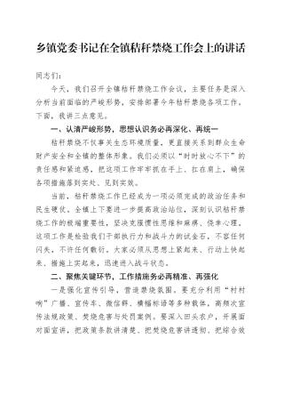 乡镇街道党委书记在全镇秸秆禁烧工作会上的讲话