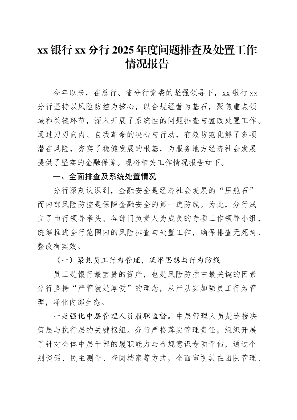 银行XX分行2025年度问题排查及处置工作情况报告_第1页