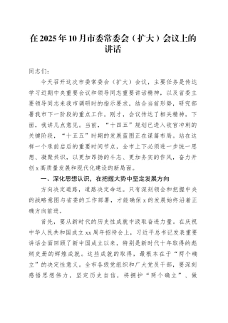 在2025年10月市委常委会（扩大）会议上的讲话