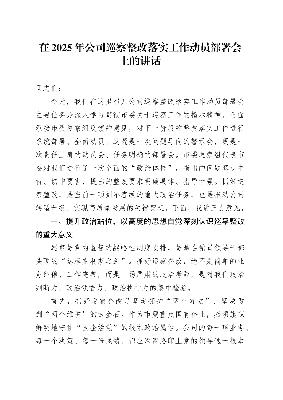 在2025年公司巡察整改落实工作动员部署会上的讲话_第1页