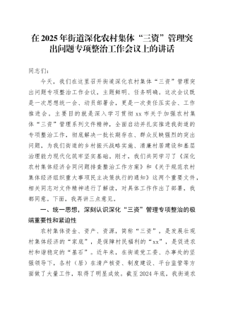 在2025年街道深化农村集体“三资”管理突出问题专项整治工作会议上的讲话