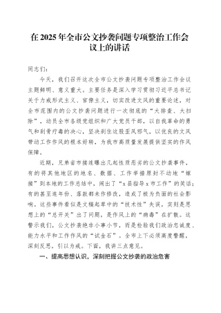 在2025年全市公文抄袭问题专项整治工作会议上的讲话