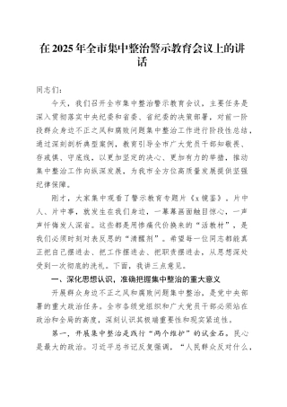 在2025年全市集中整治警示教育会议上的讲话