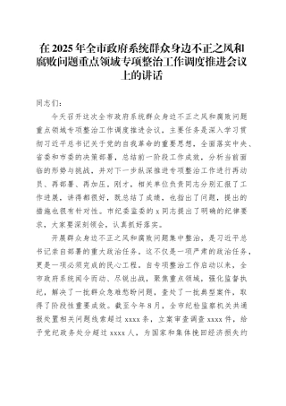 在2025年全市政府系统群众身边不正之风和腐败问题重点领域专项整治工作调度推进会议上的讲话