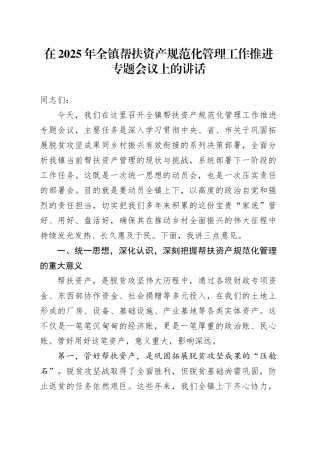 在2025年全镇帮扶资产规范化管理工作推进专题会议上的讲话