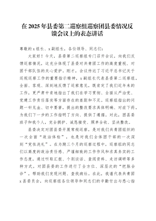 在2025年县委第二巡察组巡察团县委情况反馈会议上的表态讲话