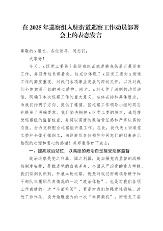 在2025年巡察组入驻街道巡察工作动员部署会上的表态发言