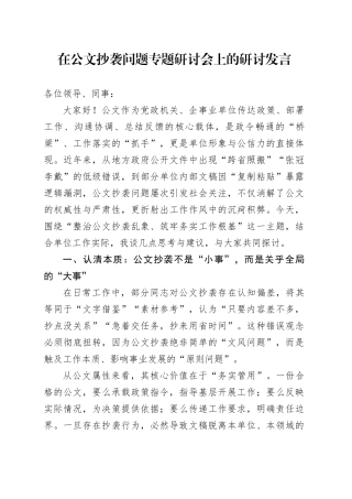 在公文抄袭问题专题研讨会上的研讨发言