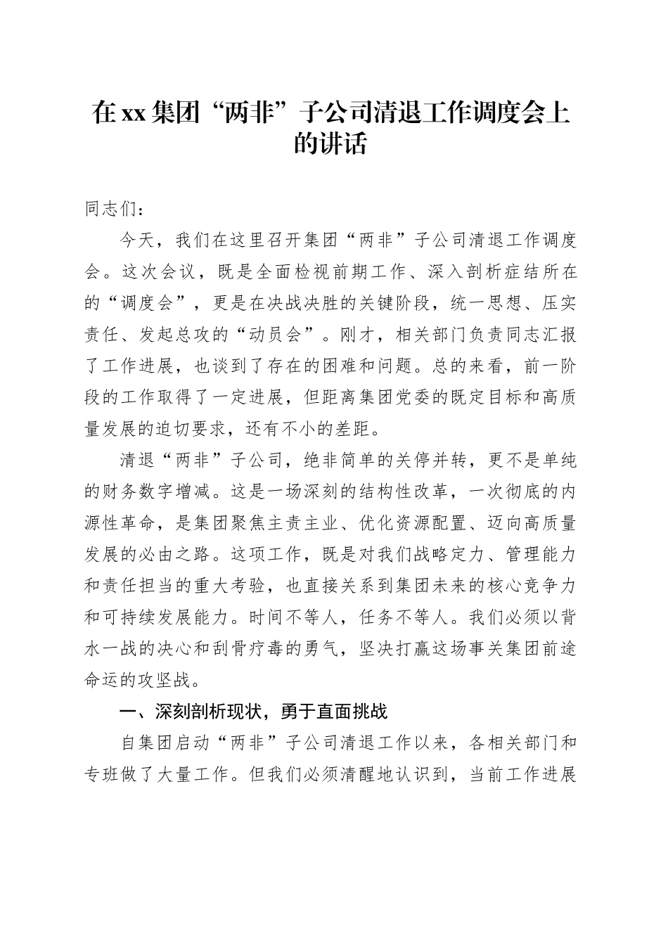 在集团“两非”子公司清退工作调度会上的讲话_第1页