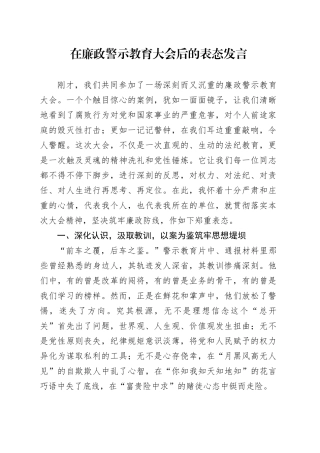 在廉政警示教育大会后的表态发言