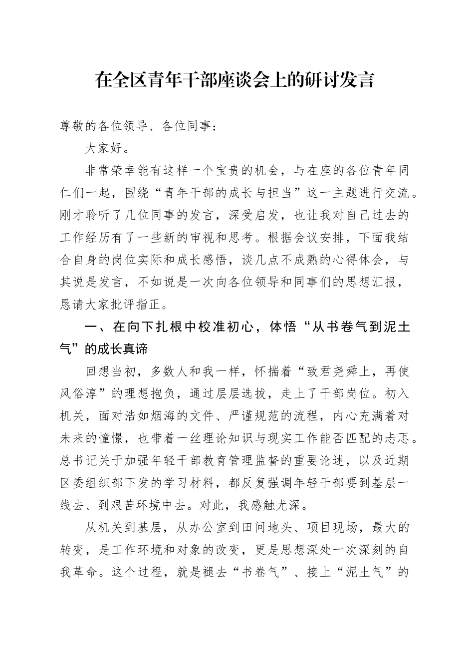 在全区青年干部座谈会上的研讨发言_第1页