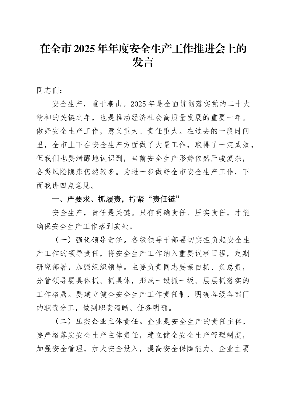 在全市2025年年度安全生产工作推进会上的发言_第1页
