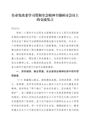 在市发改委学习贯彻党的二十届四中全会精神专题研讨会议上的交流发言心得体会20251105