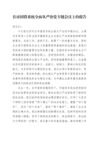 在市国资系统全面从严治党专题会议上的报告