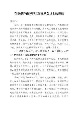 在市强降雨防御工作视频会议上的讲话