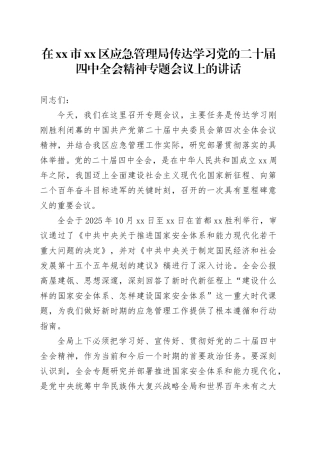 在市区应急管理局传达学习党的二十届四中全会精神专题会议上的讲话