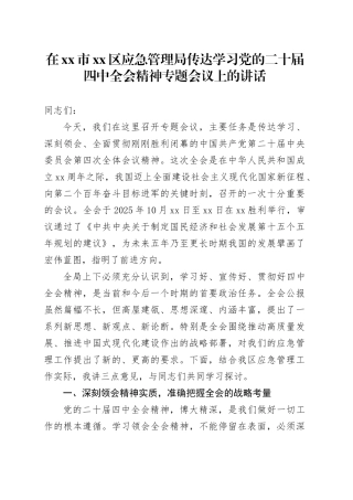 在市区应急管理局传达学习党的二十届四中全会精神专题会议上的讲话_1