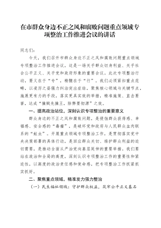 在市群众身边不正之风和腐败问题重点领域专项整治工作推进会议的讲话