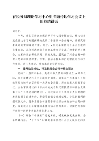 在税务局理论学习中心组专题传达学习党的二十届四中全会精神会议上的总结讲话