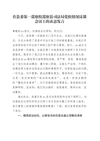 在县委第一巡察组巡察县司法局党组情况反馈会议上的表态发言