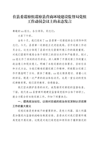 在县委巡察组巡察县营商环境建设监督局党组工作动员会议上的表态发言