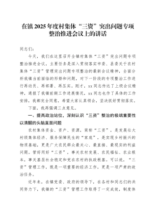在镇2025年度村集体“三资”突出问题专项整治推进会议上的讲话