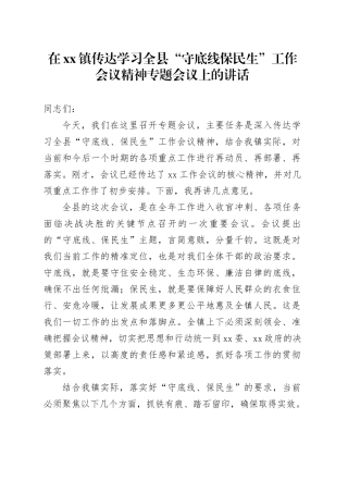 在镇传达学习全县“守底线保民生”工作会议精神专题会议上的讲话