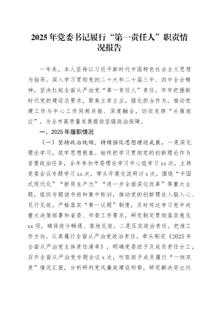 2025年党委书记履行“第一责任人”职责情况报告