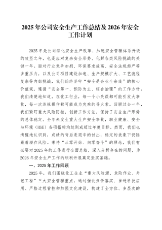 2025年公司安全生产工作总结及2026年安全工作计划