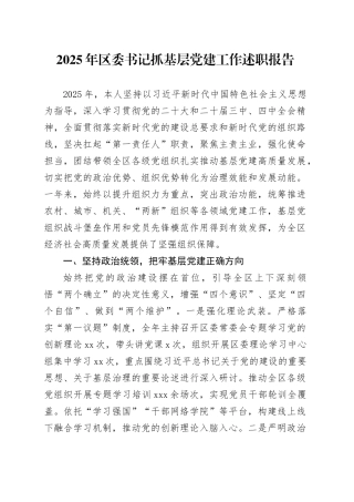 2025年区委书记抓基层党建工作述职报告