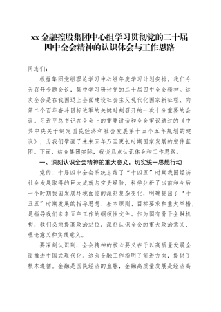 XX金融控股集团中心组学习贯彻党的二十届四中全会精神的认识体会与工作思路20251111
