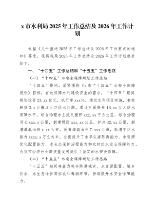 X市水利局2025年工作总结及2026年工作计划