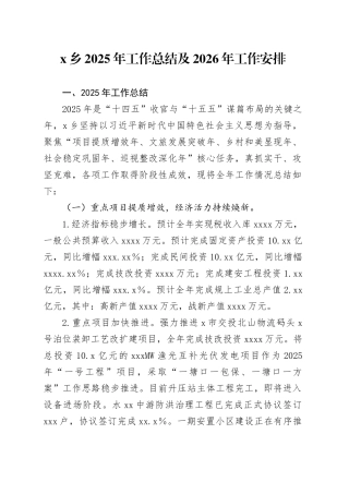 X乡2025年工作总结及2026年工作安排