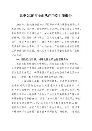 党委2025年全面从严治党工作报告