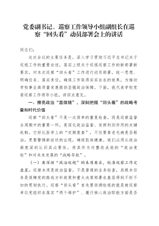 党委副书记、巡察工作领导小组副组长在巡察“回头看”动员部署会上的讲话