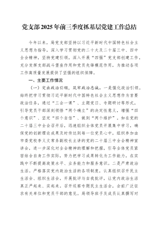 党支部2025年前三季度抓基层党建工作总结