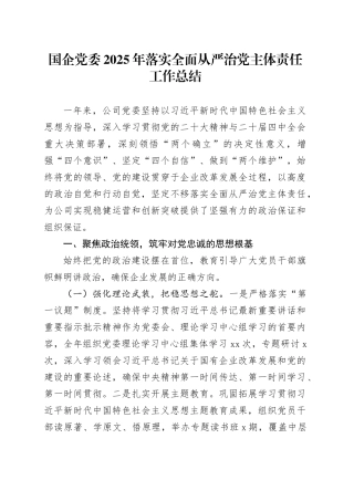 国企党委2025年落实全面从严治党主体责任工作总结
