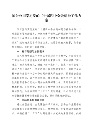 国企公司学习党的二十届四中全会精神工作方案