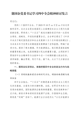 能国企党委书记学习党的二十届四中全会精神研讨发言心得体会20251128
