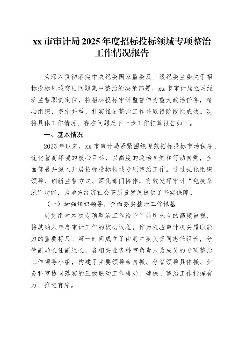 市审计局2025年度招标投标领域专项整治工作情况报告_第1页