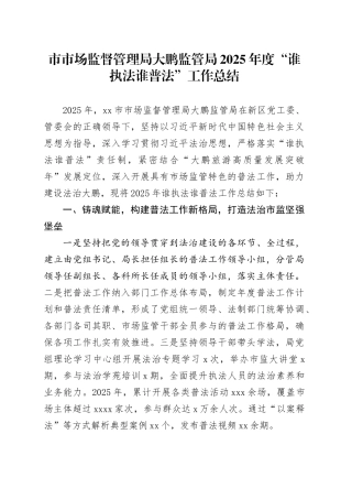 市市场监督管理局大鹏监管局2025年度“谁执法谁普法”工作总结