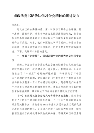 市政法委书记传达学习党的二十届四中全会精神的研讨发言交流讲话心得体会20251128