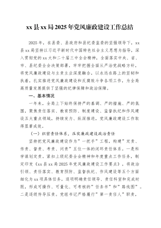 县XX局2025年党风廉政建设工作总结