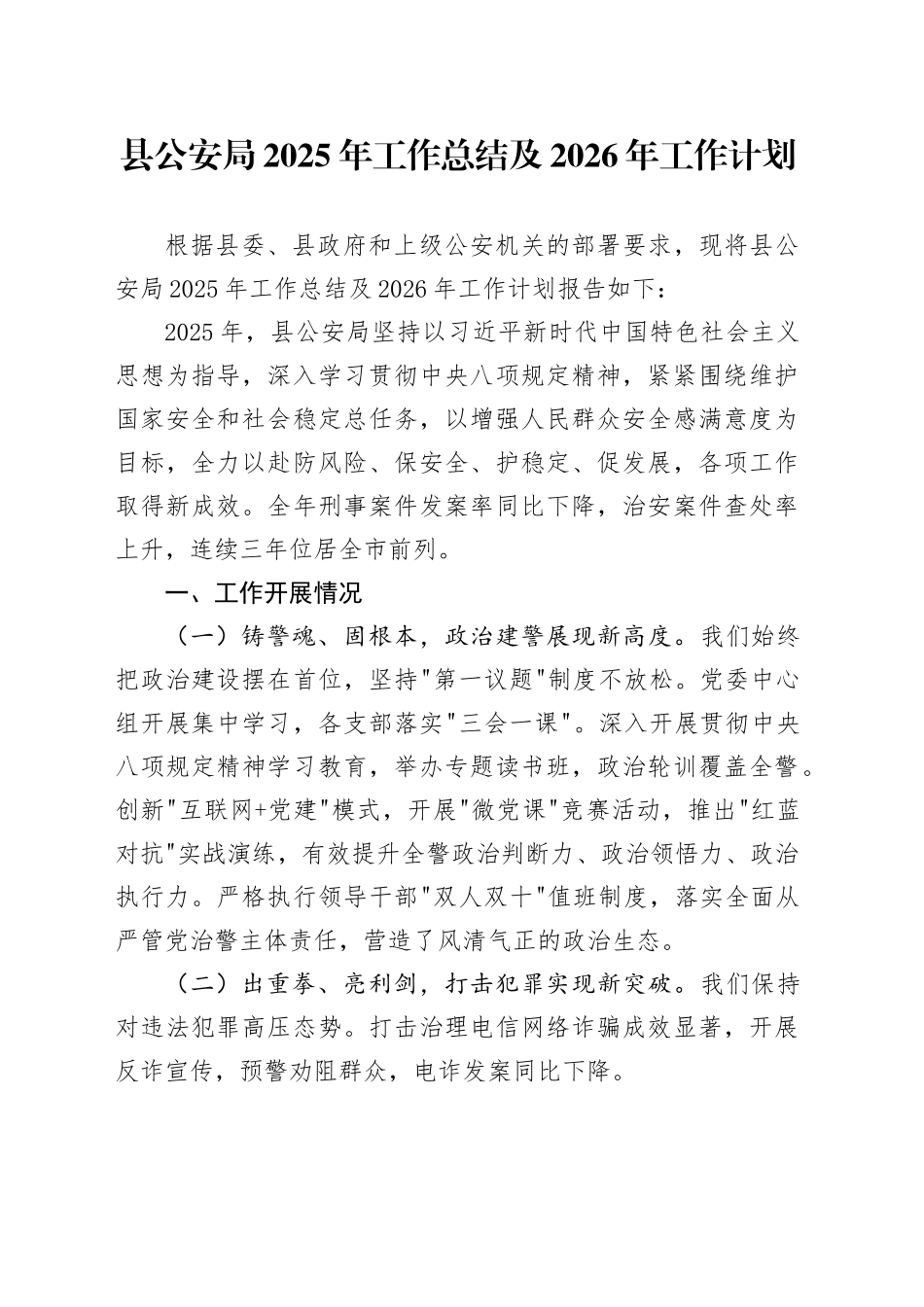县公安局2025年工作总结及2026年工作计划_第1页